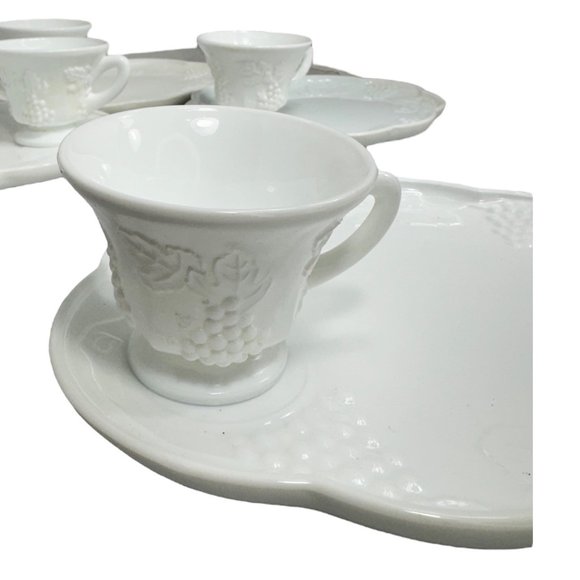Indiana Colony Tea Cup Plate Milk Glass White Harvest Grape Snack Trays Set of 4 - Picture 5 of 10